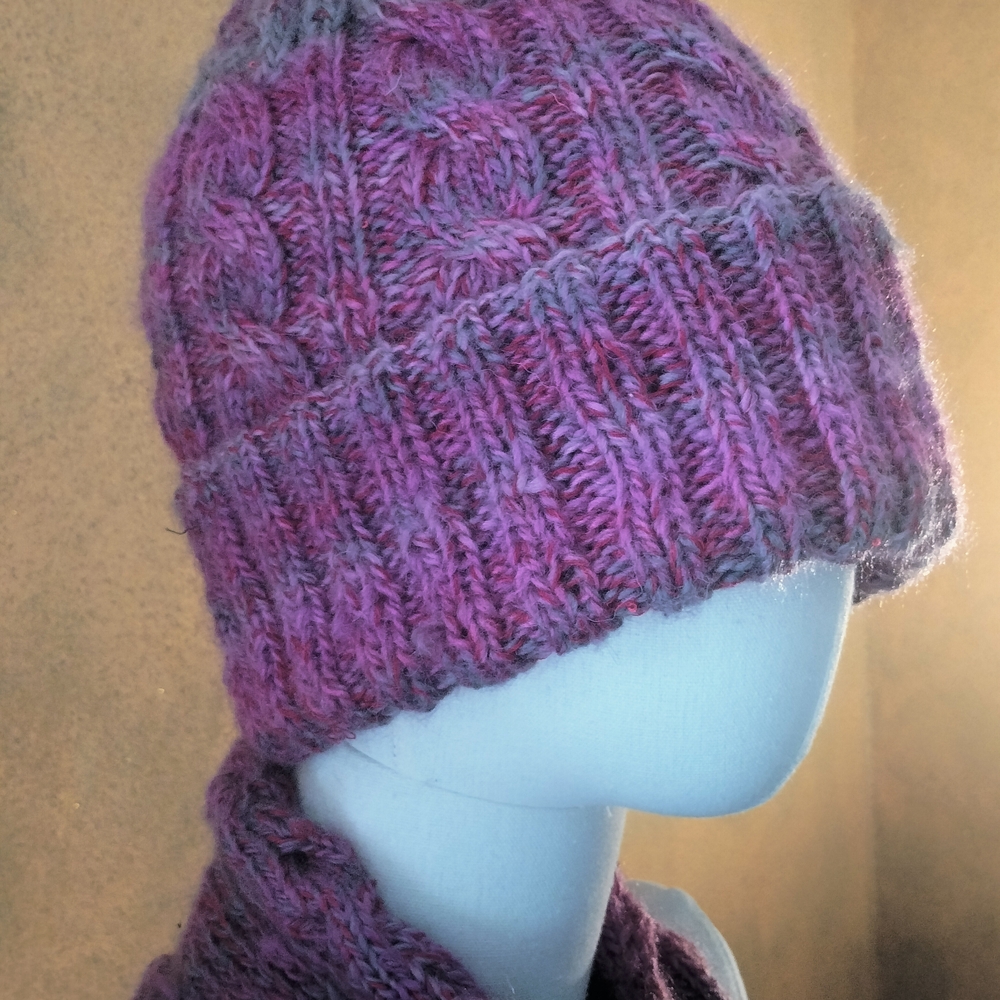 Hand-knitted pink and grey hat and scarf set – cozy winter accessories
